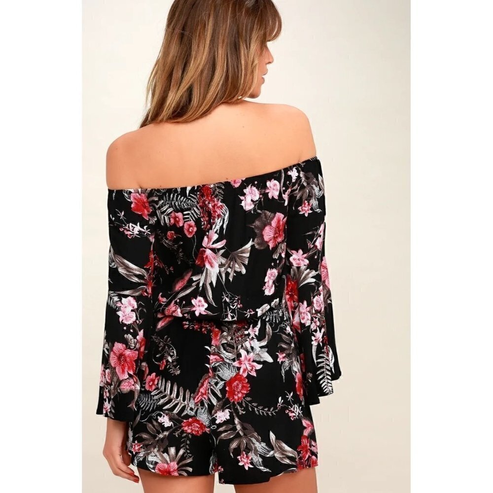 Lulus Wildwood Flower Black Tropical Print Off-the-Shoulder Romper Size M - Picture 9 of 10